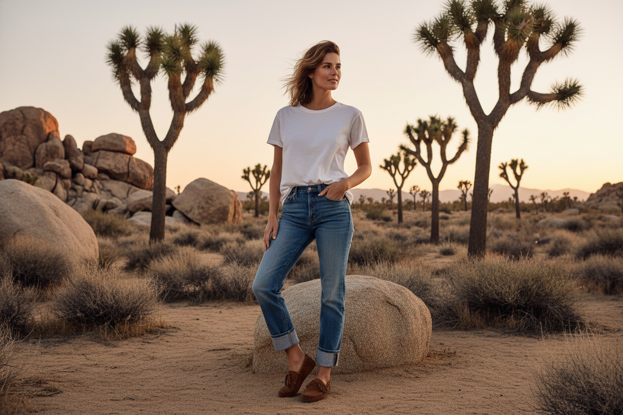 california model posing in the california desert near joshua tree wearing white pima cotton tee and raw denim jeans and moccassin shoes