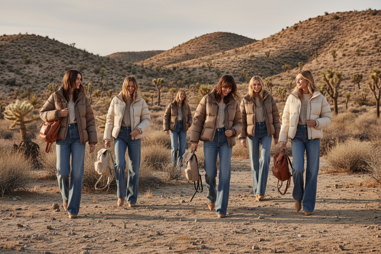 create an image of models walking in the california desert during winter dress very west coast california lifestyle oversized puffer jacket jeans natural taupe colors